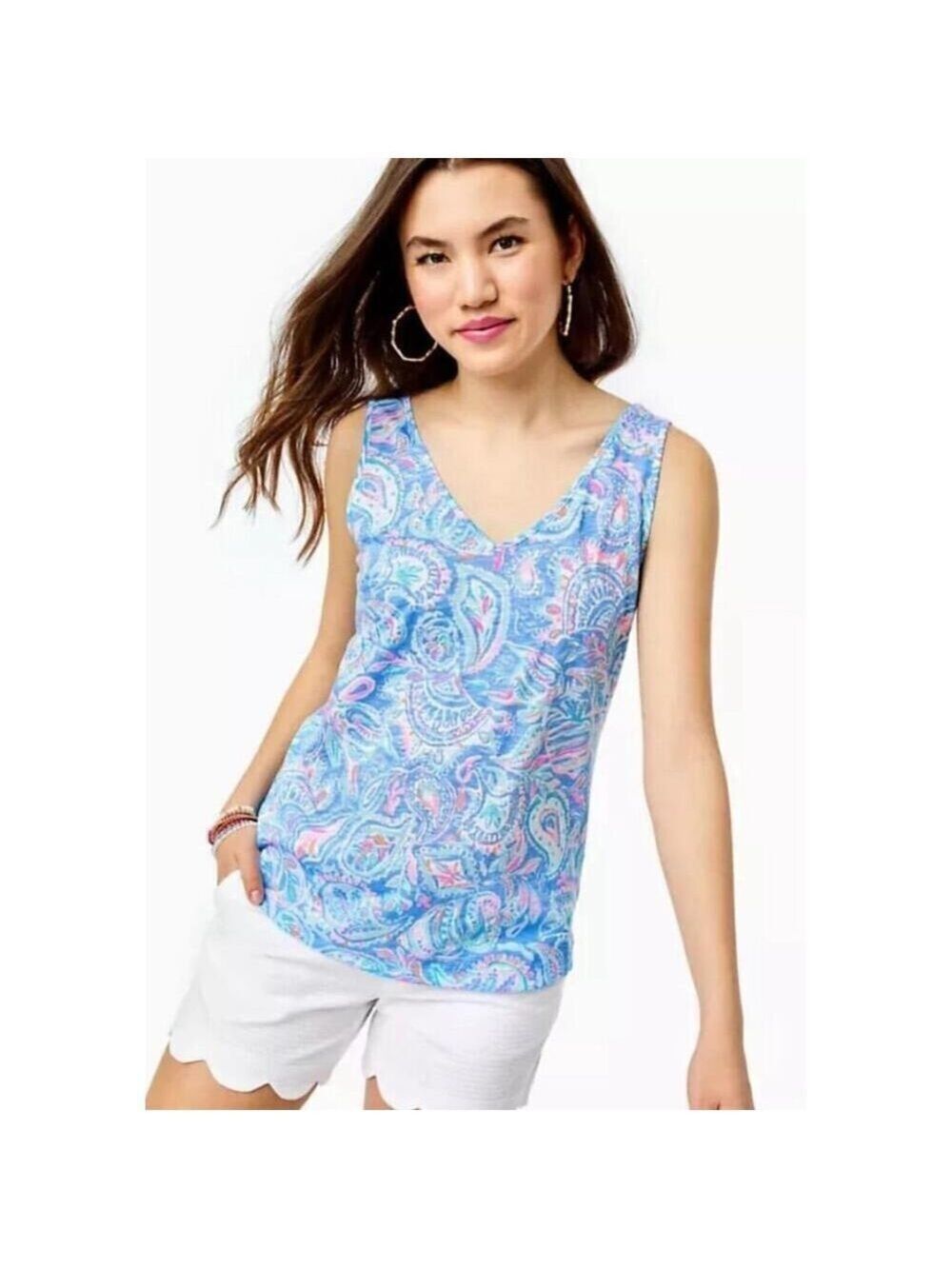 Lilly Pulitzer Gigi Tank Top Zanzibar Blue Fish Kiss Pink Small